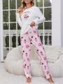 New Simple Style Donut Printed Pink Mother & Daughter Matching Long Sleeve Long Pants Homewear Set