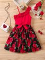 SHEIN Kids CHARMNG Young Girl's Asymmetric Neckline Belted Dress With Rose Pattern For Valentine's Day