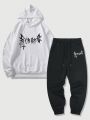 ROMWE Street Life Men's Letter Printed Hooded Sweatshirt With Drawstring And Pants Set