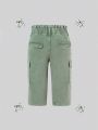 Baby Girls' Elastic Waistband Flower Embellished Casual Multi-Pocket Green Denim Pants