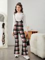 Teen Girl Plaid Print Flare Leg Suspender Jumpsuit Without Tee