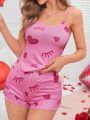 Ladies' Heart & Eyelash Patterned Pajama Set