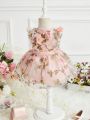 Baby Girls' Organza Floral Print Back Zipper Knot Waist Dress