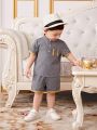 SHEIN Baby Boy Outfit, Short Sleeve Polo Shirt With Button Placket And Decorative Woven Tape Detail On Collar, Casual Shorts Set