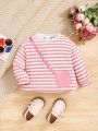 SHEIN Infant Girls' Casual Pink Striped Sweater With Bag Pattern Long Sleeves