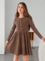 SHEIN Kids EVRYDAY Tween Girl Button Front Ribbed Knit Flared Dress