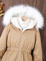 Teen Girl 1pc Zip Up Fuzzy Trim Thermal Hooded Winter Coat