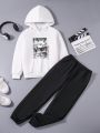 SHEIN Tween Boys' Casual Street Fashion Comic Print Hoodie And Trousers Set
