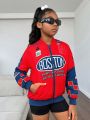 SHEIN Kids Cooltwn Tween Girl Letter Graphic Zip Up Thermal Lined Bomber Jacket