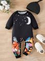 Baby Boy Owl & Moon Printed Long Sleeve Romper Jumpsuit