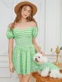 PETSIN Pet Green Plaid Bow Printed Dress