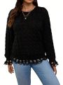 SHEIN LUNE Women's Plus Size Knitted Black Pullover Sweater With Round Neckline