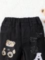 Baby Boys' Black Straight Leg Jeans With Ripped Details And Embroidery