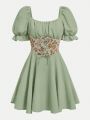 SHEIN Vintage Color Block Jacquard Panel Lace-Up Front Dress For Teenage Girls