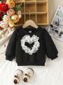 Baby Girl's Casual Heart Mesh Splice Comfortable Loose Fit Pullover Sweatshirt, Spring And Autumn