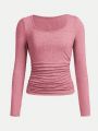 SHEIN Teen Girls' Solid Color U Neck Ruched Long Sleeve T-Shirt