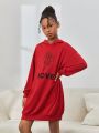 SHEIN Kids Cooltwn Girls' Rose & Letter Print Hooded Sweatshirt Dress With Drop Shoulder Sleeve