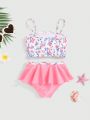 SHEIN Baby Girls' Cute Flower Patterned Swimsuit With Bowknot Design Straps And Triangle Shorts