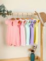 SHEIN 5pcs/Set Baby Girls' Simple Style Romper In Candy Color And Solid Color, With Ribbed Flying Sleeves, Casual And Cute For Spring And Summer Daily Wear