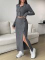SHEIN EZwear Solid Button Front Crop Tee & Split Thigh Skirt