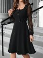 EMERY ROSE Women's Patchwork Mesh & Button Detail Casual Dress