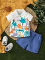 Baby Boy Cartoon Lion Printed Short Sleeve Shirt And Shorts Set