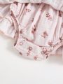 SHEIN Newborn Baby Girls' Floral Pattern Puff Sleeve Ruffled Romper With Headband Set