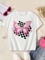 Teen Girls' Casual Butterfly, Checkerboard, And Letter Printed Short Sleeve T-Shirt