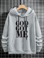 Men's Warm Hoodie With Slogan Print And Inner Lining