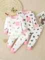 Baby Girls' White Butterfly And Flying Horse Printed Bodysuit With Long Pants And Long Sleeve, 2pcs, Home Clothes