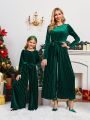 SHEIN Girls' Christmas Party Solid Velvet Belted Knit Jumpsuit With Matching Mommy And Me Outfits