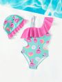 Baby Girls' One-Piece Swimsuit With Cartoon Print And Hollow-Out Waist And Ruffle Trim, Comes With A Swimming Cap