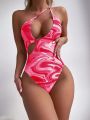Marble Print One Shoulder Cut Out One Piece Swimsuit