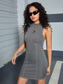 Teen Girls' Sleeveless Knitted Dress With Embellished Rhinestone Letter Stand Collarline