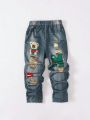SHEIN Cute Cartoon Patterned Jeans For Toddler Boys