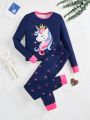 SHEIN Girls' Casual Unicorn Pattern Knitted Round Neck Long Sleeve Pajamas Set For Daily Wear