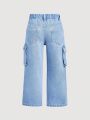 SHEIN Young Girls' Casual Fashionable Straight-Leg Jeans With Washed Finish And Side Pockets