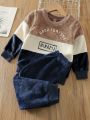 Toddler Boys Colorblock Letter Embroidery Flannel Pullover & Pants