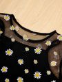 SHEIN Kids FANZEY 4pcs/Set Tween Girls' Round Neck Flower Pattern Mesh T-Shirt With Inner Camisole Tank Top