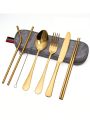 Portable Utensils Set, Travel Camping Gold Cutlery Set, 8-Piece including Knife Fork Spoon Chopsticks Cleaning Brush Straws Portable Case, Easy to clean, Dishwasher Safe