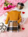 Baby Girls' Solid Color Long Sleeve Top & Plaid Skirt & Hat 3pcs/set For Autumn And Winter