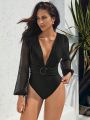 SHEIN Leisure Plunging Neck O-ring Detail Contrast Mesh Lantern Sleeve Belted One Piece Swimsuit
