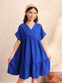 SHEIN Kids SUNSHNE Tween Girl's Solid Color Woven V-Neck Batwing Sleeve Loose Casual Dress
