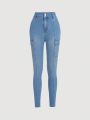 SHEIN Teen Girls' Casual Mid Waist Slim Fit Workwear-style Jeans