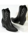 Cowgirl Boots for Women Embroidered Cowboy Boots Pointed Toe Ankle Boots Chunky Western Boots Pull-on Mid Calf Booties