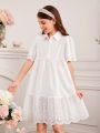 SHEIN Kids CHARMNG Tween Girls' Lace-Up Collar Half Placket Embroidered Lace & Woven Patchwork Hollow Out Dress