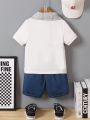 SHEIN Kids EVRYDAY Young Boys' White Sailboat Pattern Polo Shirt And Denim Shorts Set College Style For Summer