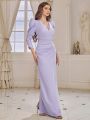 SHEIN Belle Adult Bridesmaid Dress With V-Neck, Leg-Of-Mutton Sleeve And Back Slit