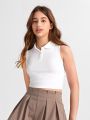 SHEIN Teen Girls Button Half Placket Rib-knit Crop Tank Top