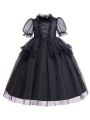 Girls' Polka Dot Print Lace Mesh Patchwork Party Dress With Tulle Overlay